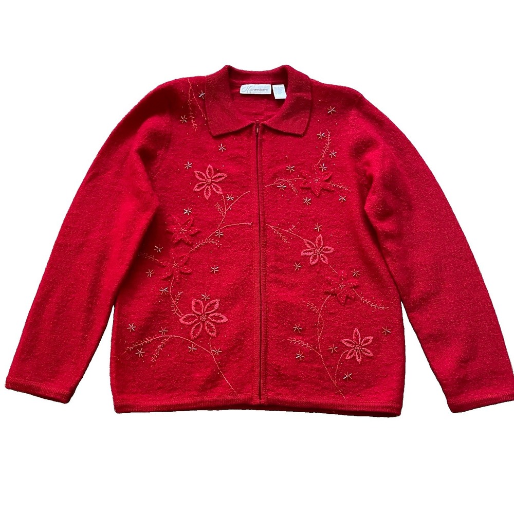 Dress Barn Christmas Wool Cardigan Size L Red Full Zip Holiday Applique Grandma